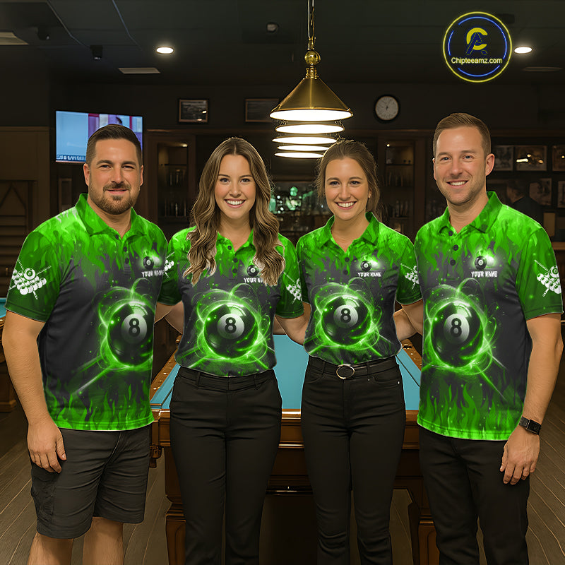 Customized Green 8 Ball Pool Fire Flame Billiard Shirts Billiard Team Jersey Polo 1/4 Zip