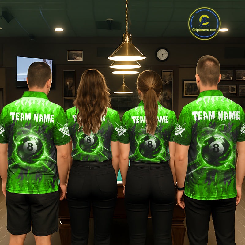 Customized Green 8 Ball Pool Fire Flame Billiard Shirts Billiard Team Jersey Polo 1/4 Zip