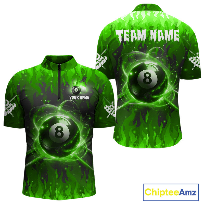 Customized Green 8 Ball Pool Fire Flame Billiard Shirts Billiard Team Jersey Polo 1/4 Zip