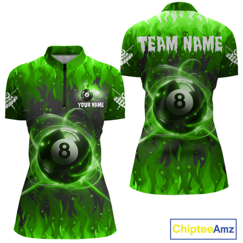 Customized Green 8 Ball Pool Fire Flame Billiard Shirts Billiard Team Jersey Polo 1/4 Zip