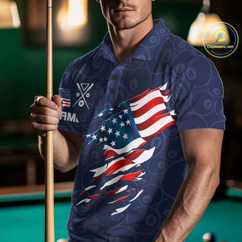 Personalized Navy Blue American Flag Billiard Shirts Patriotic 8 Ball Pool Team Jersey