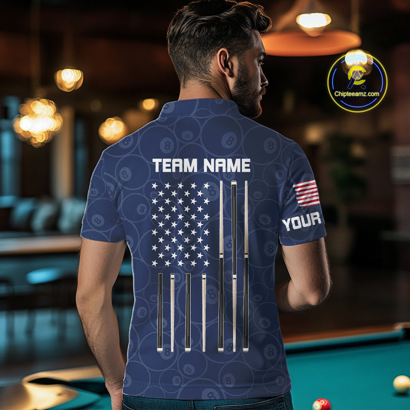 Personalized Navy Blue American Flag Billiard Shirts Patriotic 8 Ball Pool Team Jersey