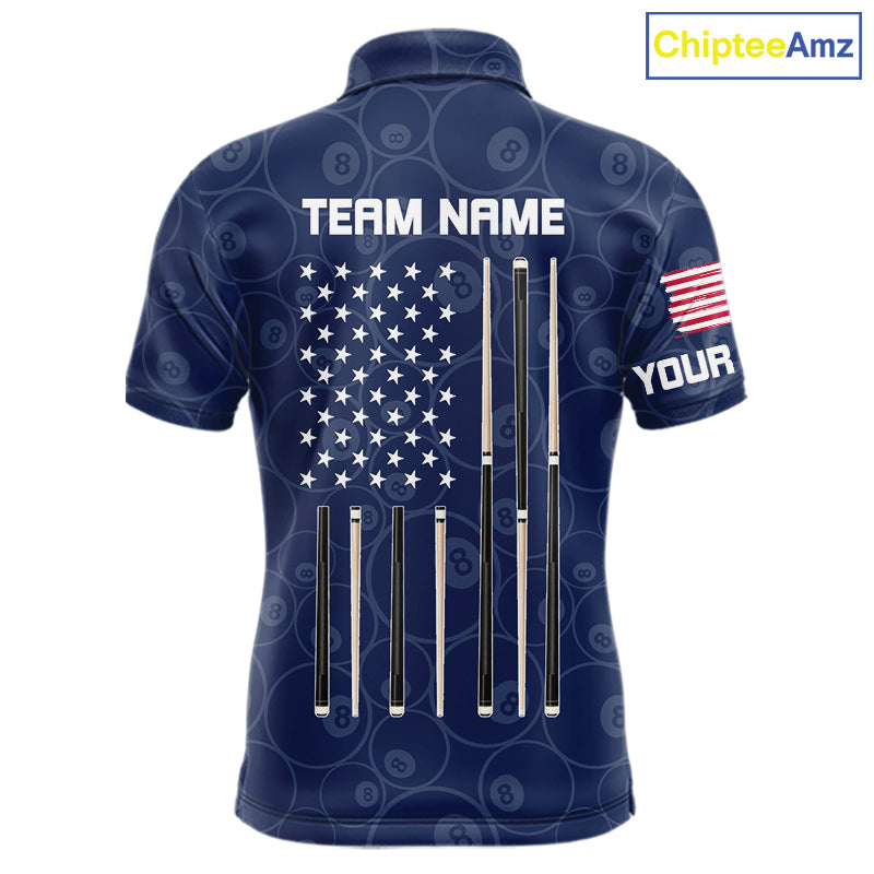 Personalized Navy Blue American Flag Billiard Shirts Patriotic 8 Ball Pool Team Jersey