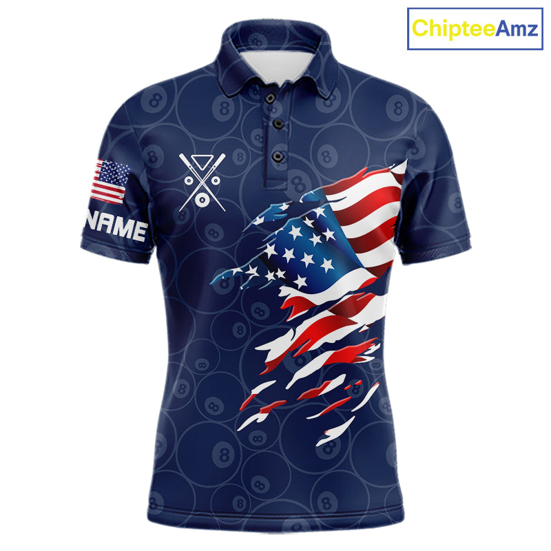 Personalized Navy Blue American Flag Billiard Shirts Patriotic 8 Ball Pool Team Jersey