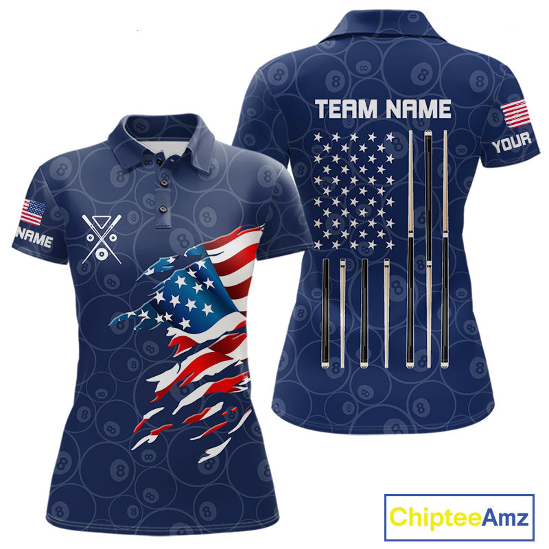 Personalized Navy Blue American Flag Billiard Shirts Patriotic 8 Ball Pool Team Jersey
