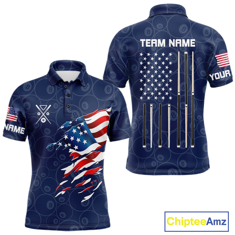 Personalized Navy Blue American Flag Billiard Shirts Patriotic 8 Ball Pool Team Jersey