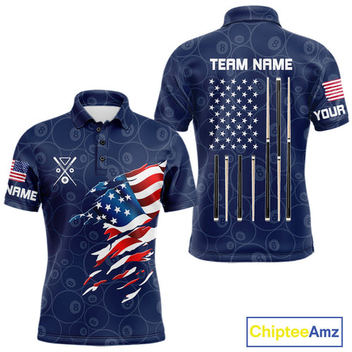 Personalized Navy Blue American Flag Billiard Shirts Patriotic 8 Ball Pool Team Jersey