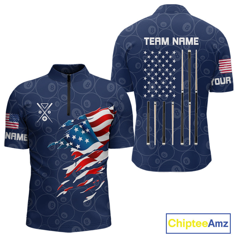 Personalized Navy Blue American Flag Billiard Shirts Patriotic 8 Ball Pool Team Jersey