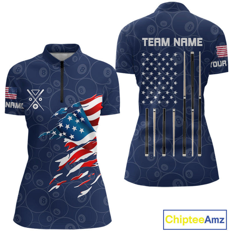 Personalized Navy Blue American Flag Billiard Shirts Patriotic 8 Ball Pool Team Jersey
