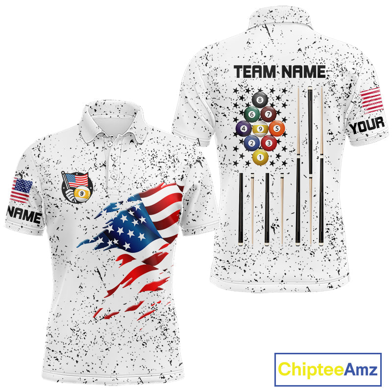 Personalized White Grunge 9 Ball American Flag Billiard Shirts Patriotic Pool Team Jersey