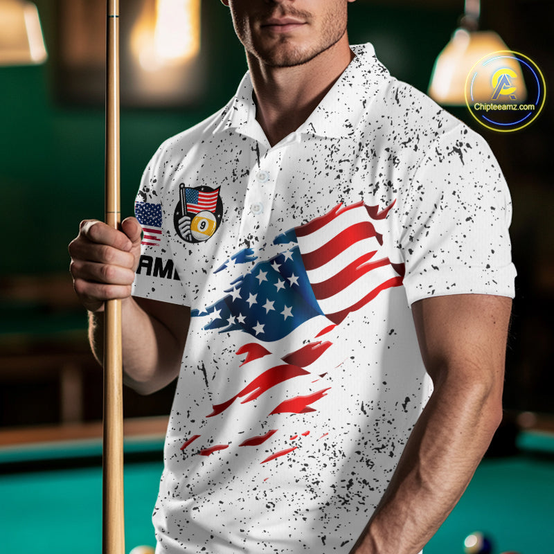 Personalized White Grunge 9 Ball American Flag Billiard Shirts Patriotic Pool Team Jersey