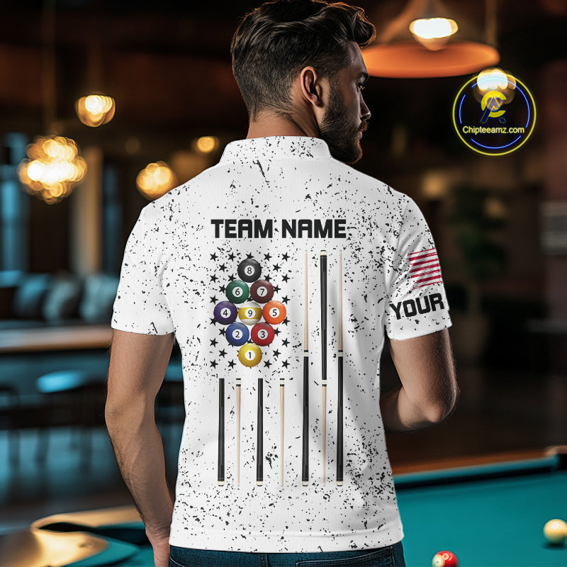 Personalized White Grunge 9 Ball American Flag Billiard Shirts Patriotic Pool Team Jersey