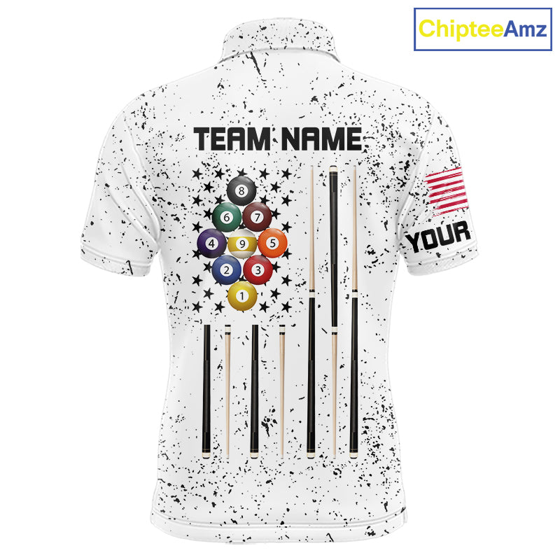 Personalized White Grunge 9 Ball American Flag Billiard Shirts Patriotic Pool Team Jersey