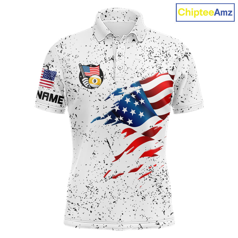 Personalized White Grunge 9 Ball American Flag Billiard Shirts Patriotic Pool Team Jersey