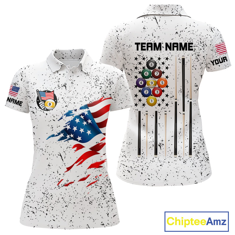 Personalized White Grunge 9 Ball American Flag Billiard Shirts Patriotic Pool Team Jersey