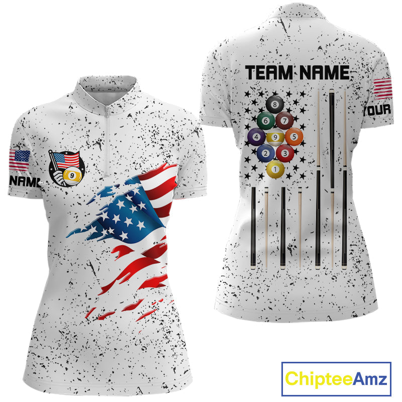 Personalized White Grunge 9 Ball American Flag Billiard Shirts Patriotic Pool Team Jersey