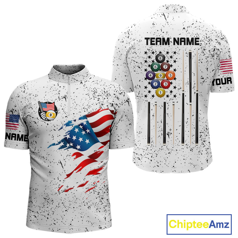 Personalized White Grunge 9 Ball American Flag Billiard Shirts Patriotic Pool Team Jersey
