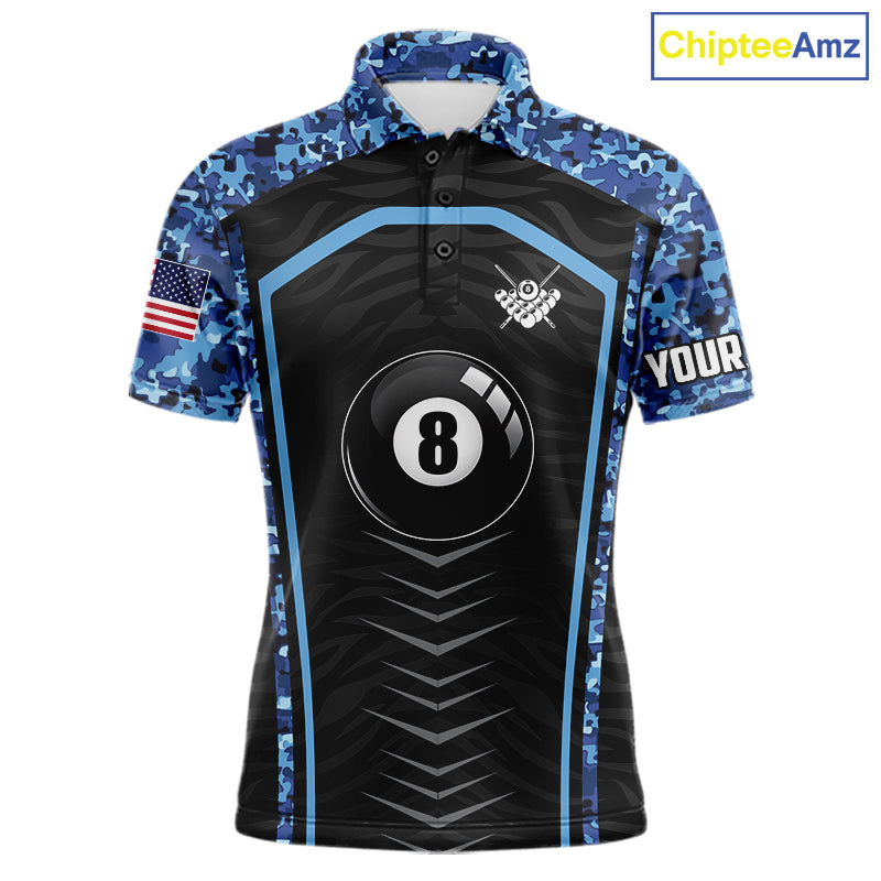 Blue Camo American Flag 8 Ball Billiard Pool Shirts Personalized Billiard Team Jersey