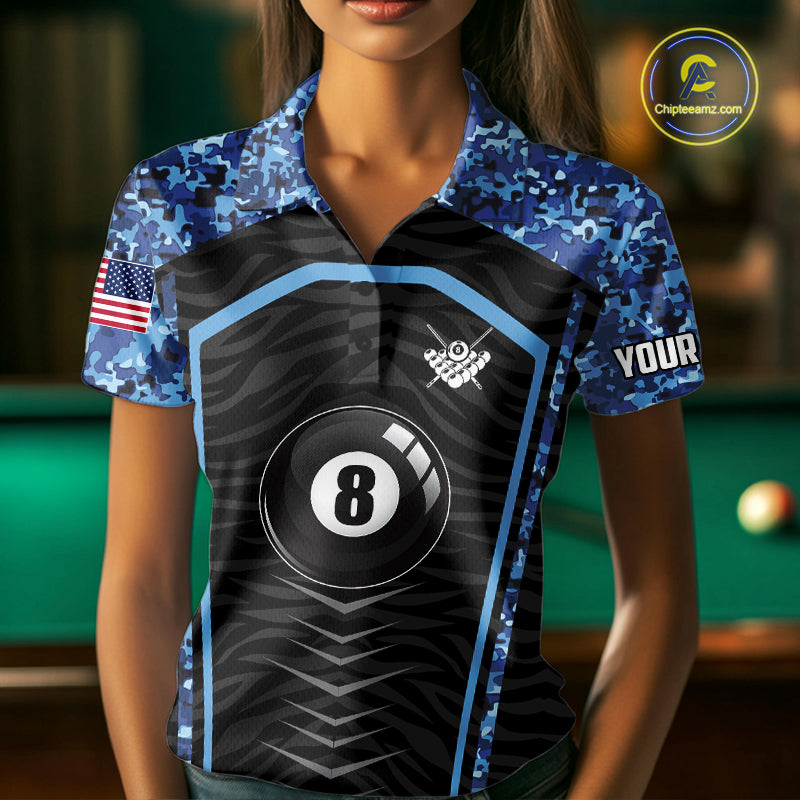 Blue Camo American Flag 8 Ball Billiard Pool Shirts Personalized Billiard Team Jersey