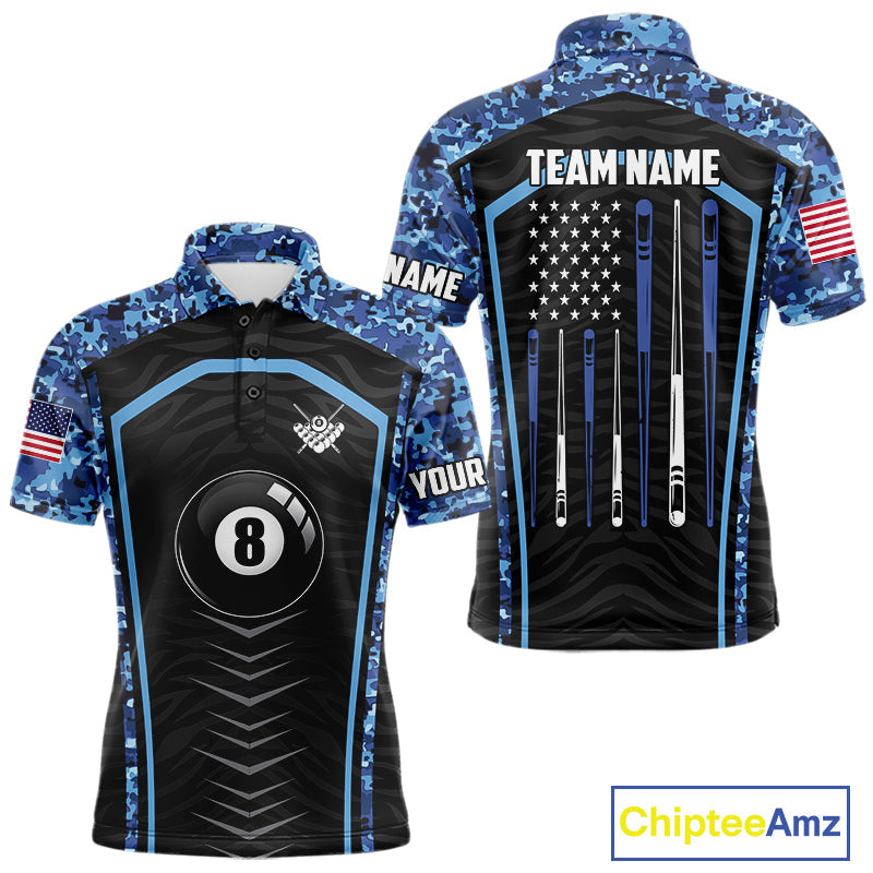 Blue Camo American Flag 8 Ball Billiard Pool Shirts Personalized Billiard Team Jersey