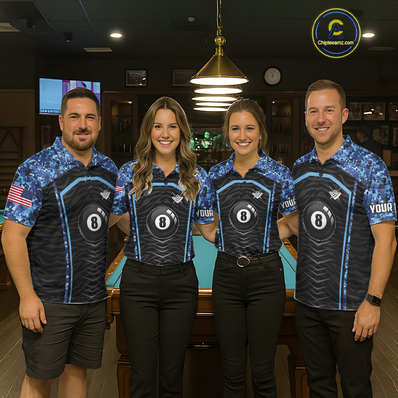 Blue Camo American Flag 8 Ball Billiard Pool Shirts Personalized Billiard Team Jersey