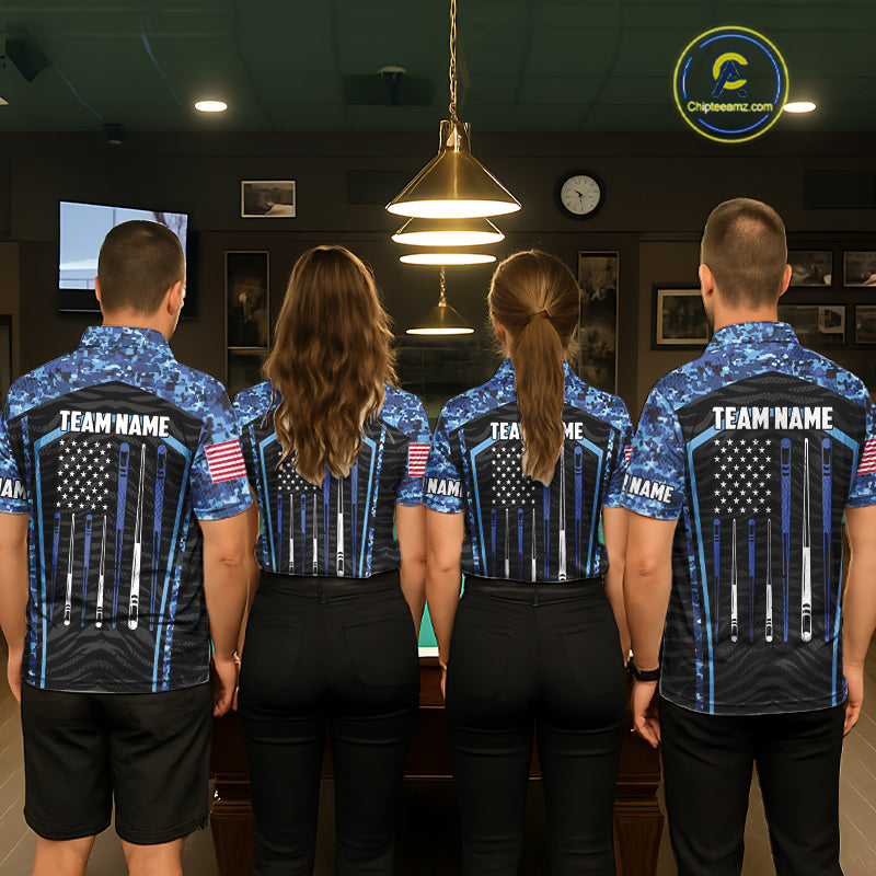 Blue Camo American Flag 8 Ball Billiard Pool Shirts Personalized Billiard Team Jersey