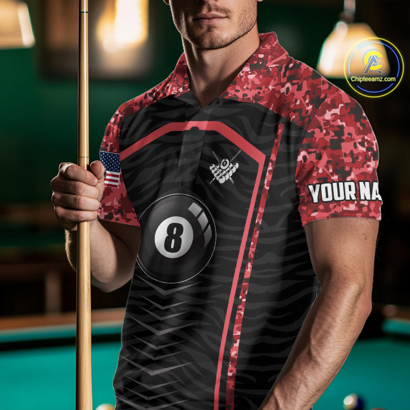 Custom Red Camo American Flag 8 Ball Billiard Pool Shirt Personalized Billiard Team Jersey