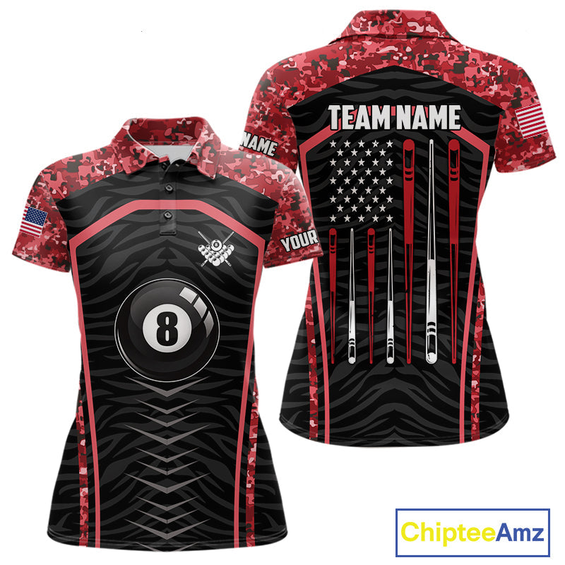Custom Red Camo American Flag 8 Ball Billiard Pool Shirt Personalized Billiard Team Jersey