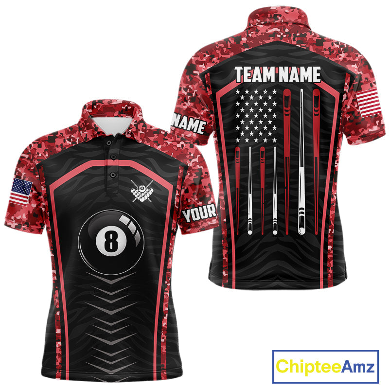 Custom Red Camo American Flag 8 Ball Billiard Pool Shirt Personalized Billiard Team Jersey