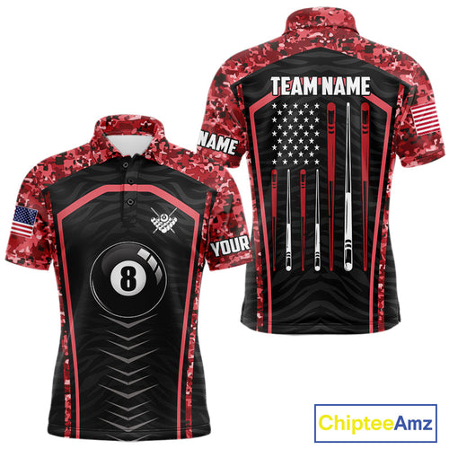 Custom Red Camo American Flag 8 Ball Billiard Pool Shirt Personalized Billiard Team Jersey