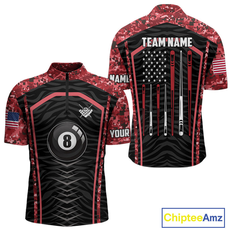 Custom Red Camo American Flag 8 Ball Billiard Pool Shirt Personalized Billiard Team Jersey