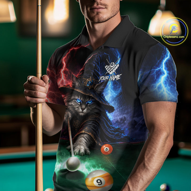 Funny Cat Wizard Lightning Thunder Billiard Shirt Custom Pool Team Jersey Polo & 1/4 Zip