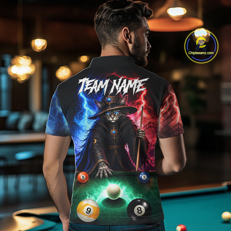 Funny Cat Wizard Lightning Thunder Billiard Shirt Custom Pool Team Jersey Polo & 1/4 Zip