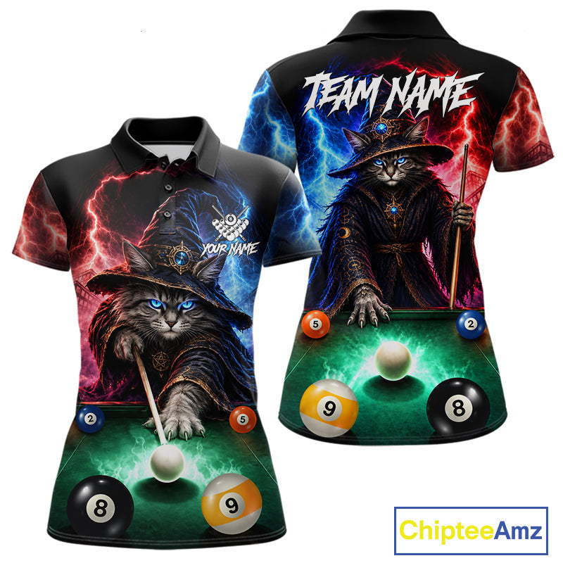 Funny Cat Wizard Lightning Thunder Billiard Shirt Custom Pool Team Jersey Polo & 1/4 Zip