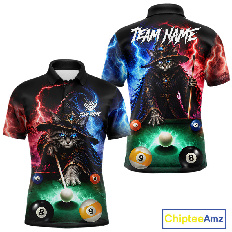 Funny Cat Wizard Lightning Thunder Billiard Shirt Custom Pool Team Jersey Polo & 1/4 Zip