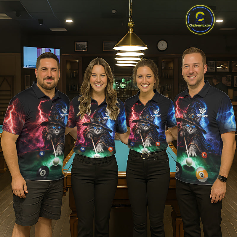 Funny Cat Wizard Lightning Thunder Billiard Shirt Custom Pool Team Jersey Polo & 1/4 Zip