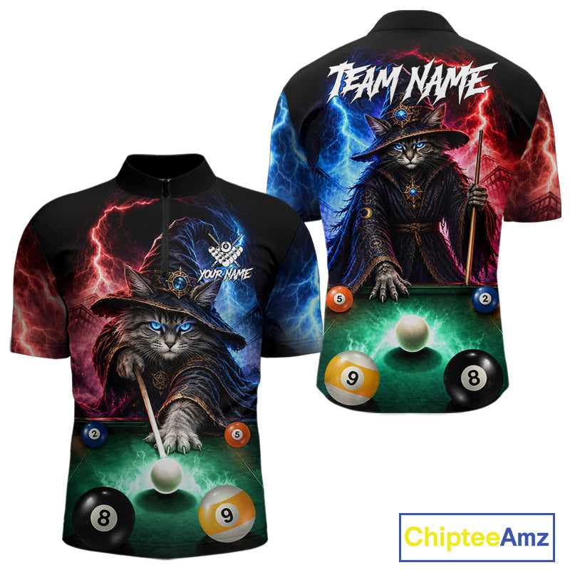 Funny Cat Wizard Lightning Thunder Billiard Shirt Custom Pool Team Jersey Polo & 1/4 Zip