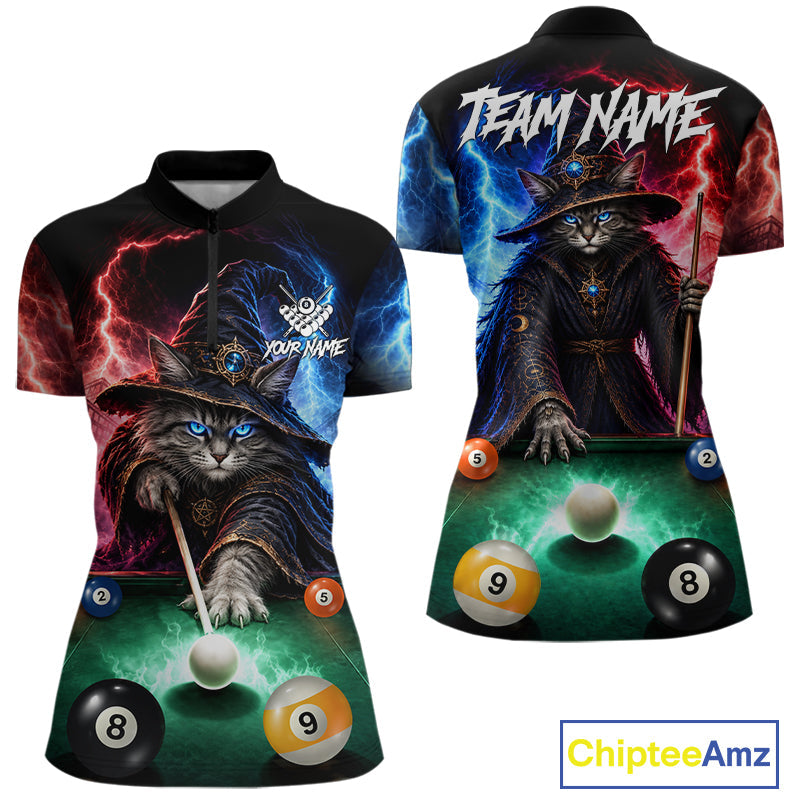 Funny Cat Wizard Lightning Thunder Billiard Shirt Custom Pool Team Jersey Polo & 1/4 Zip