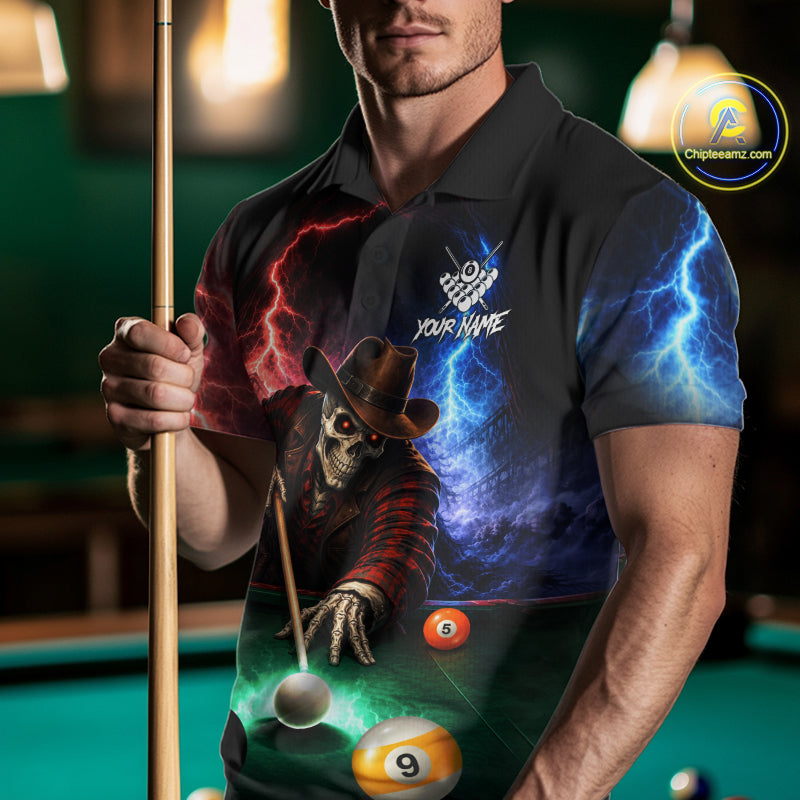 Funny Skeleton Cowboy Billiard Shirts Custom Thunder Lightning Pool Team Jersey
