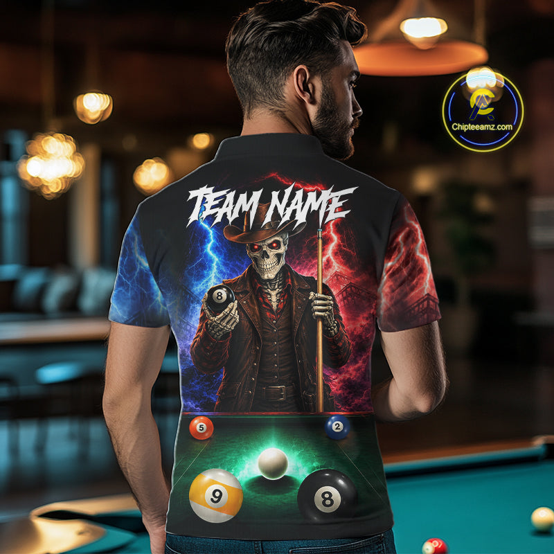 Funny Skeleton Cowboy Billiard Shirts Custom Thunder Lightning Pool Team Jersey