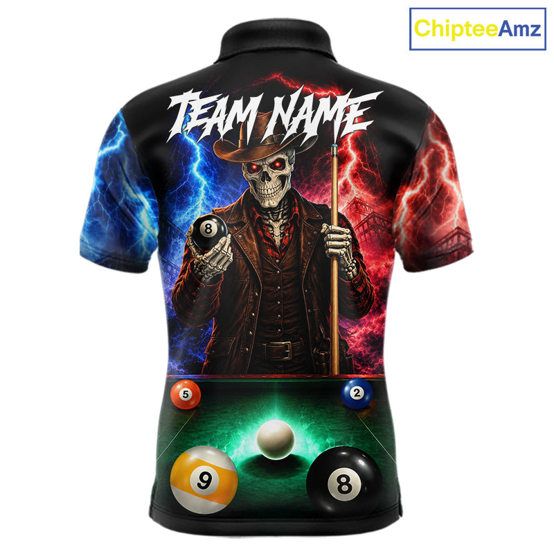 Funny Skeleton Cowboy Billiard Shirts Custom Thunder Lightning Pool Team Jersey