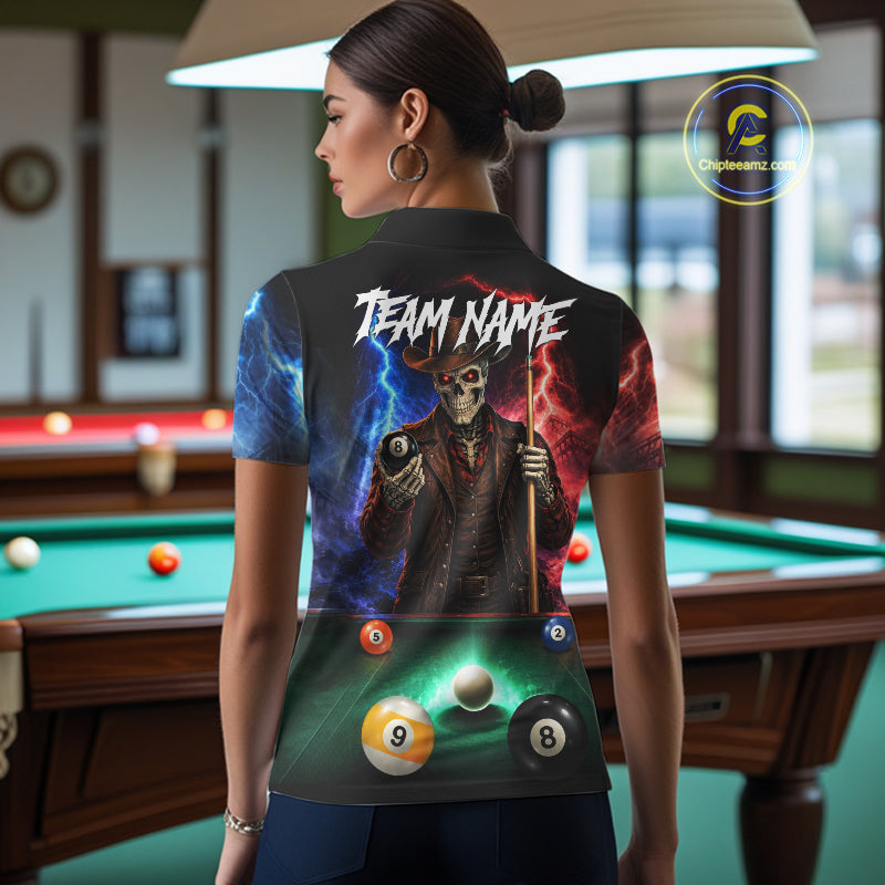 Funny Skeleton Cowboy Billiard Shirts Custom Thunder Lightning Pool Team Jersey
