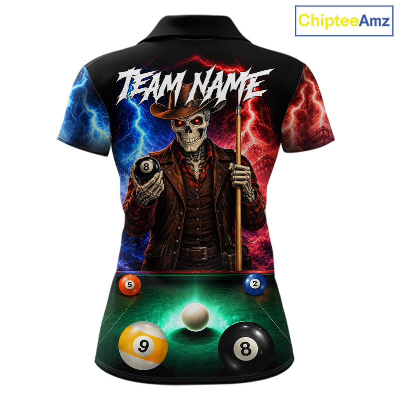 Funny Skeleton Cowboy Billiard Shirts Custom Thunder Lightning Pool Team Jersey
