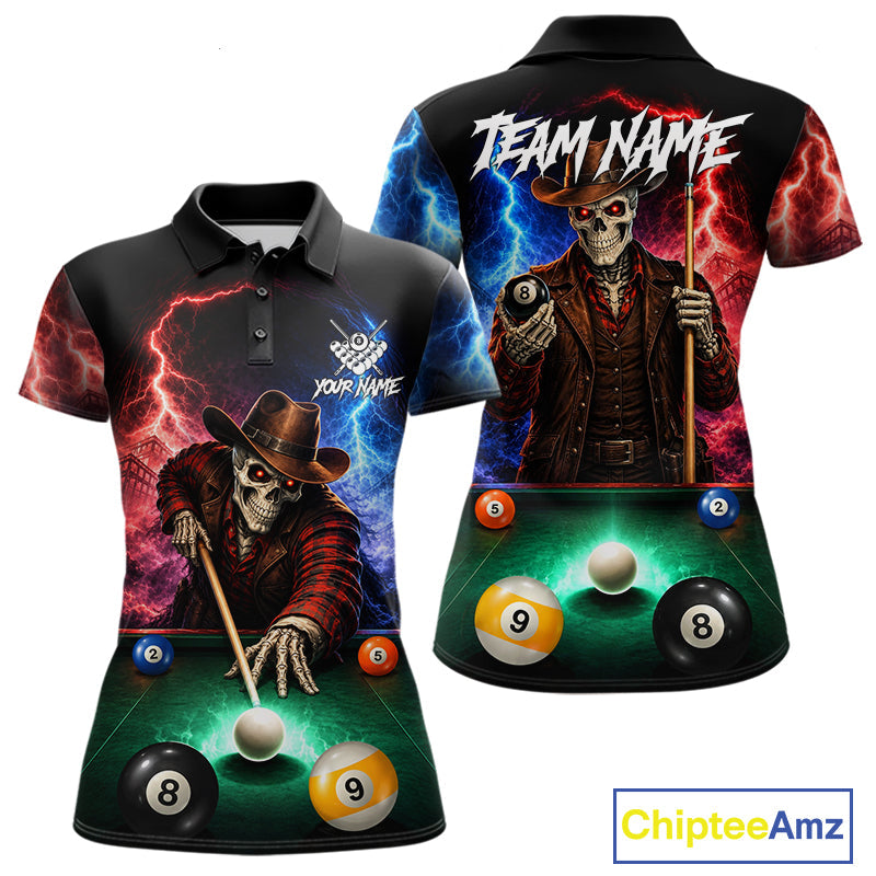 Funny Skeleton Cowboy Billiard Shirts Custom Thunder Lightning Pool Team Jersey