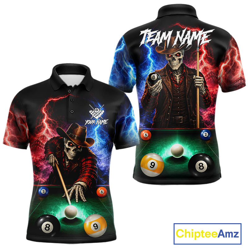 Funny Skeleton Cowboy Billiard Shirts Custom Thunder Lightning Pool Team Jersey