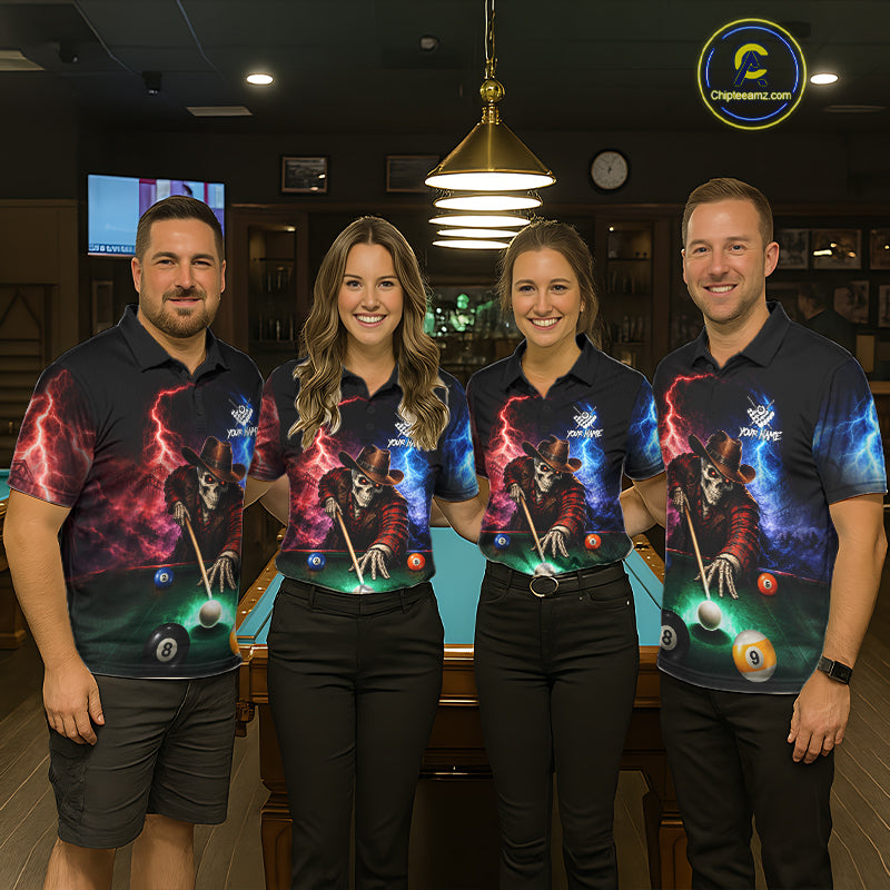 Funny Skeleton Cowboy Billiard Shirts Custom Thunder Lightning Pool Team Jersey