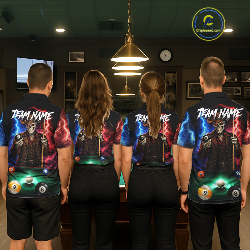 Funny Skeleton Cowboy Billiard Shirts Custom Thunder Lightning Pool Team Jersey