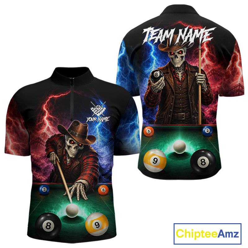 Funny Skeleton Cowboy Billiard Shirts Custom Thunder Lightning Pool Team Jersey