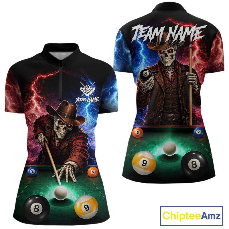 Funny Skeleton Cowboy Billiard Shirts Custom Thunder Lightning Pool Team Jersey