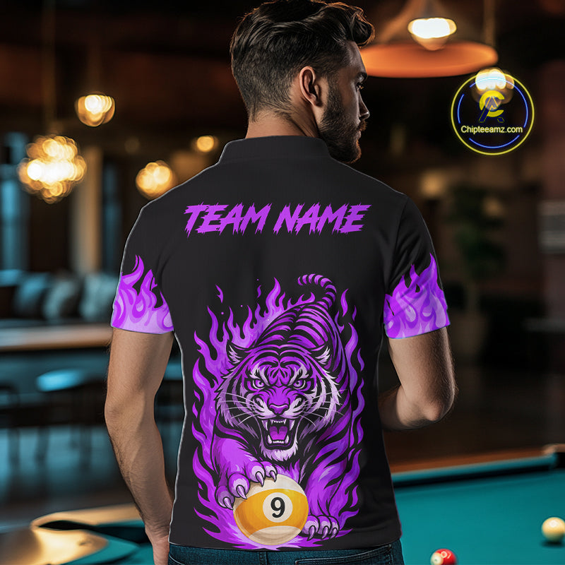 Black and Purple Flaming Tiger Billiard Shirts Custom 8 Ball & 9 Ball Pool Team Jersey